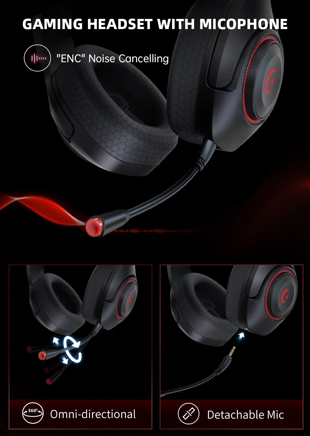 Wireless Gaming Headsets for PS5 PC Switch PC with Bluetooth 5.2, 2.4 Ghz USB Gaming Headphones with Detachable Microphone，Black&Red