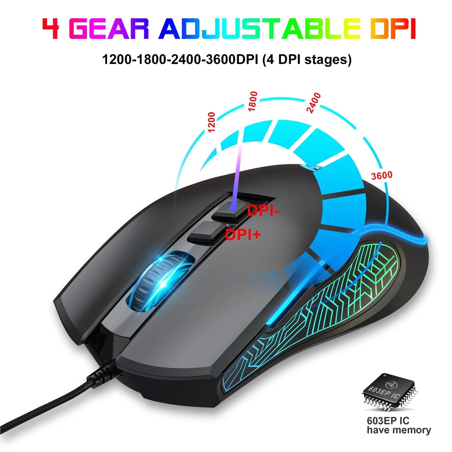 HXSJ V700BW+X100 USB Keyboard and Mouse Combo, Wired Gaming Mouse, Colorful LED Lighting, 4-Level DPI Max.3600Dpi for PC Laptop