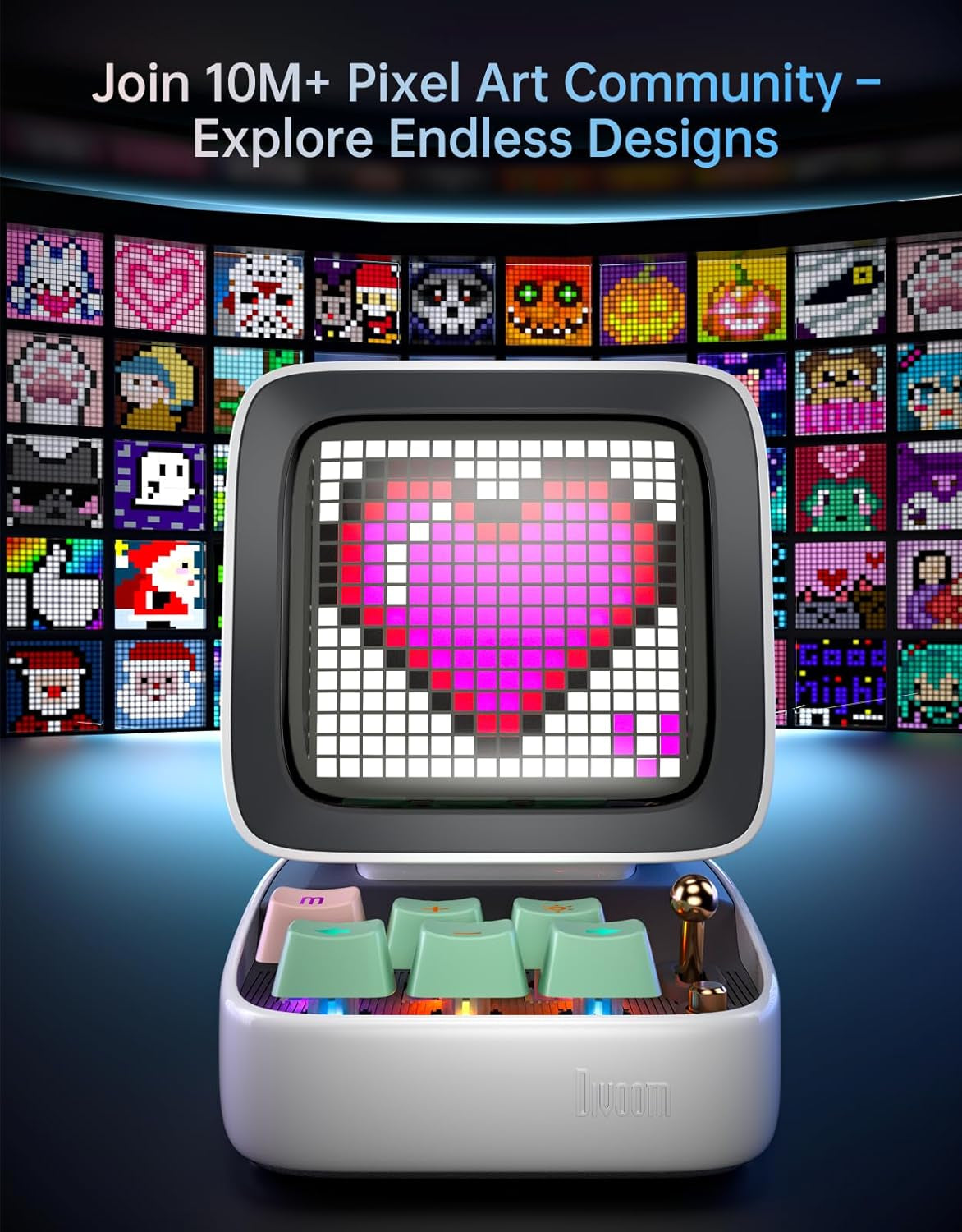 Ditoo Retro Pixel Art Bluetooth Speaker, Custom Pixel Screen Desk/Bedside Clock with White Noise & Gentle Alarm, Mini Speaker with Games, USB-C and App Control (White)