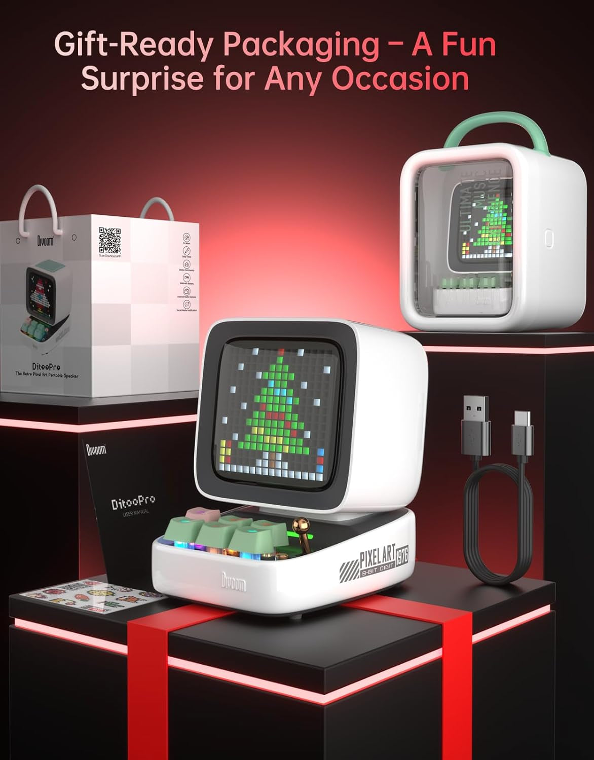 Ditoo Retro Pixel Art Bluetooth Speaker, Custom Pixel Screen Desk/Bedside Clock with White Noise & Gentle Alarm, Mini Speaker with Games, USB-C and App Control (White)