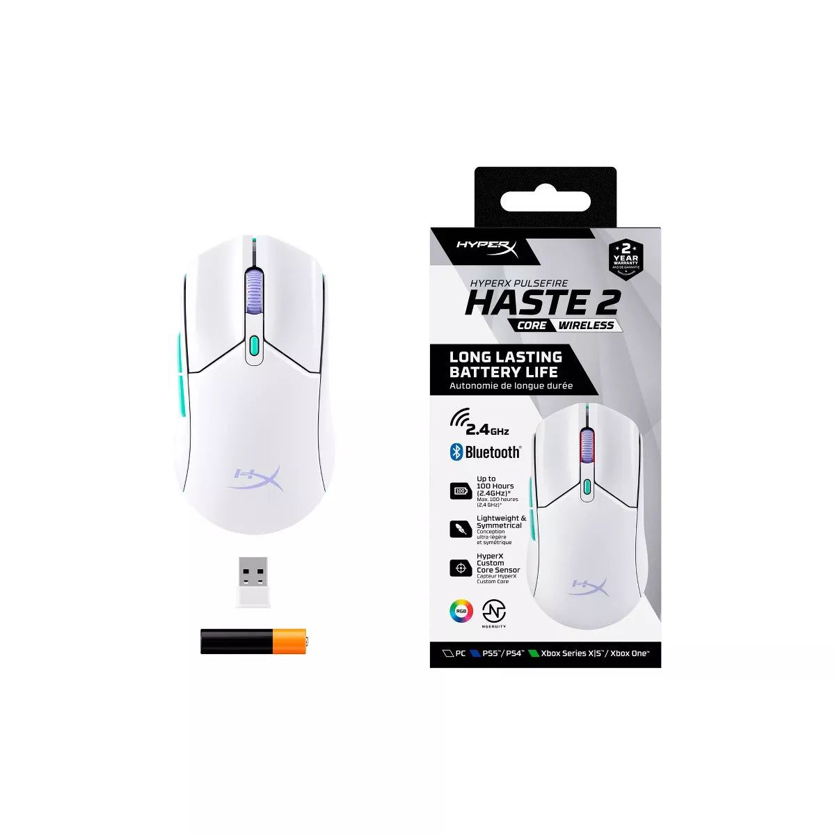 Hyperx Pulsefire Haste 2 Core Wireless Gaming Mouse for PC - White: Macos, Xbox Compatible