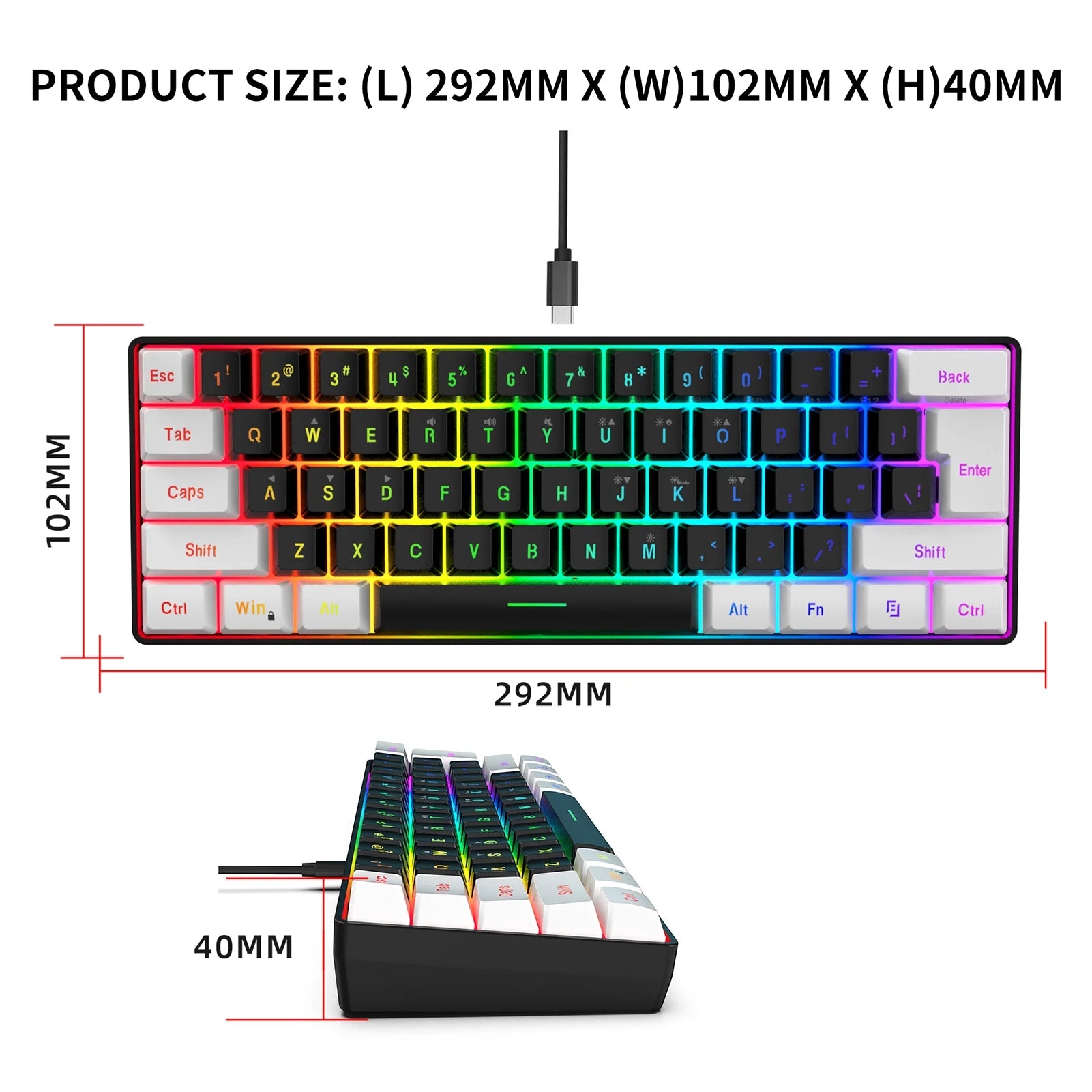 HXSJ V700BW+X100 USB Keyboard and Mouse Combo, Wired Gaming Mouse, Colorful LED Lighting, 4-Level DPI Max.3600Dpi for PC Laptop