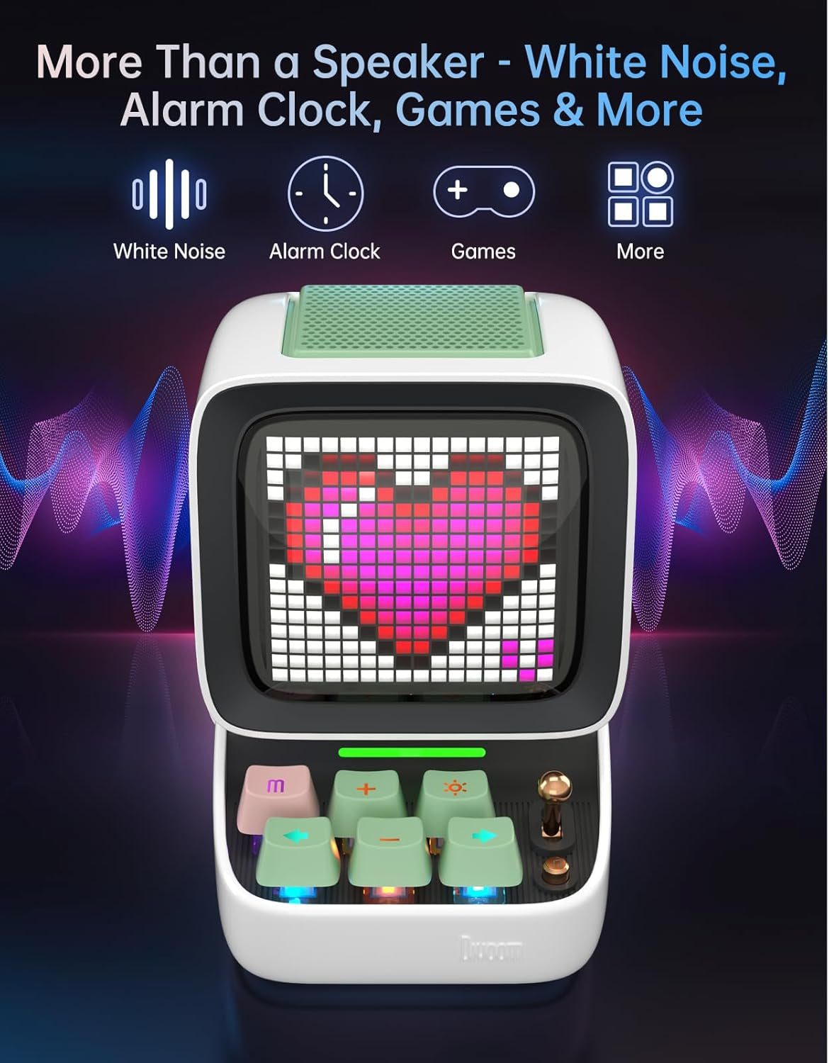 Ditoo Retro Pixel Art Bluetooth Speaker, Custom Pixel Screen Desk/Bedside Clock with White Noise & Gentle Alarm, Mini Speaker with Games, USB-C and App Control (White)