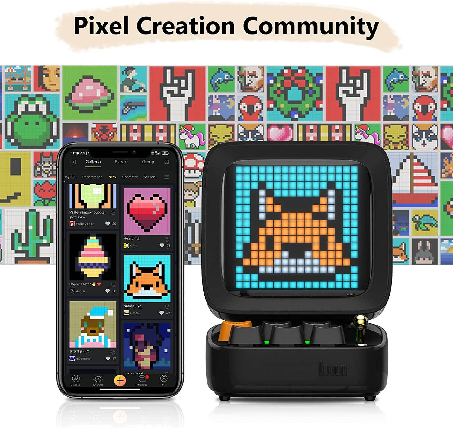 Ditoo Retro Pixel Art Game Bluetooth Speaker with 16X16 LED App Controlled Front Screen (Black)