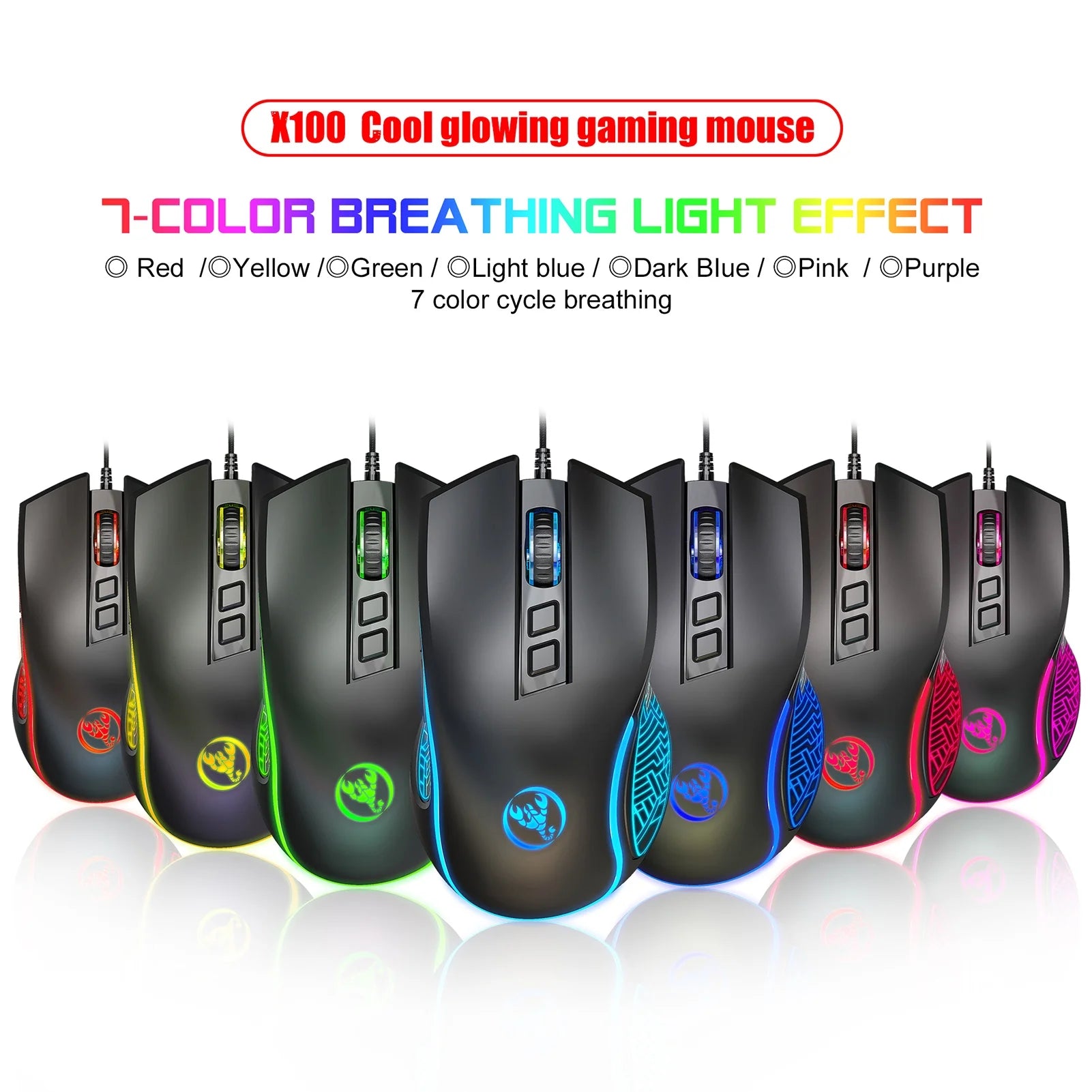 HXSJ V700BW+X100 USB Keyboard and Mouse Combo, Wired Gaming Mouse, Colorful LED Lighting, 4-Level DPI Max.3600Dpi for PC Laptop