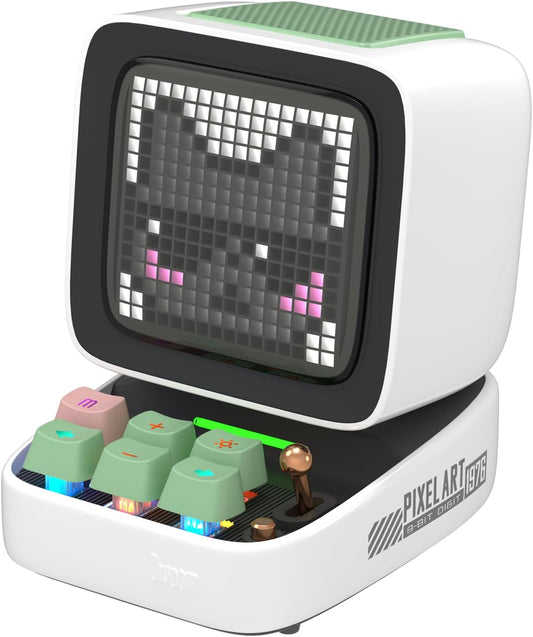 Ditoo Retro Pixel Art Bluetooth Speaker, Custom Pixel Screen Desk/Bedside Clock with White Noise & Gentle Alarm, Mini Speaker with Games, USB-C and App Control (White)